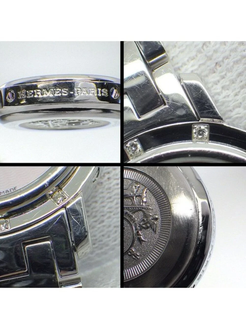 Hermes Watch Clipper Cles 12 Points Diamond Bezel Pink Shell Guilloche Dial SS